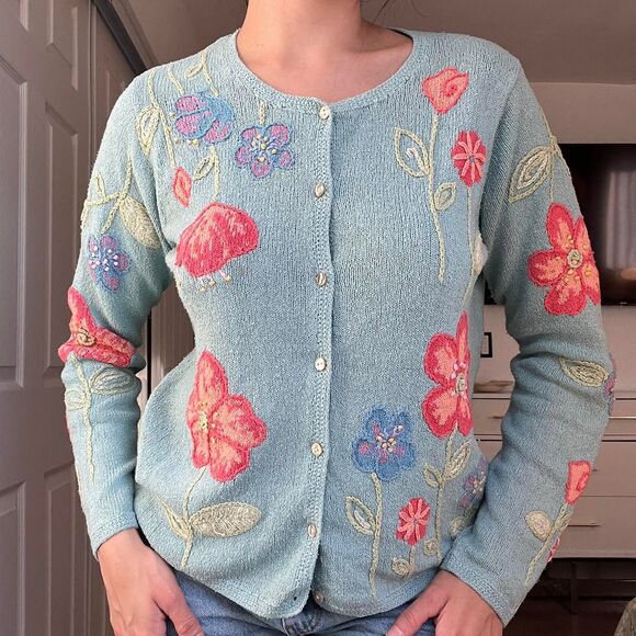 David Brooks Embroidered Silk-Blend Cardigan – Size Medium - Picture 1 of 8